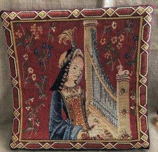Goblys Medieval Lady With Harp Tapestry Pillow Made In France Unicorn Vintage