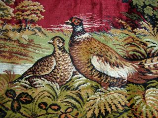 Vtg Velvet Pheasants Tapestry Fabric Rug Wall Hanging 19.  5 " X 38 " Red