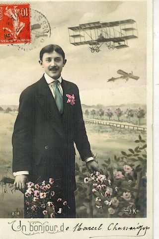 France Antique Postcard Real Photo " Un Bonjour De " : Airplanes : Man