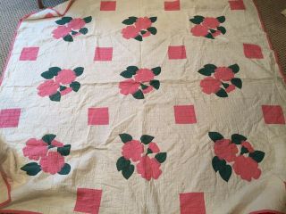 Vintage/antique Hand Quilted Pink Floral/flower Applique Quilt 70 " X75 "