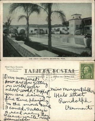 Mexico 1933 Tijuana,  Bc Agua Caliente Swimming Pool Antique Postcard 1c Stamp