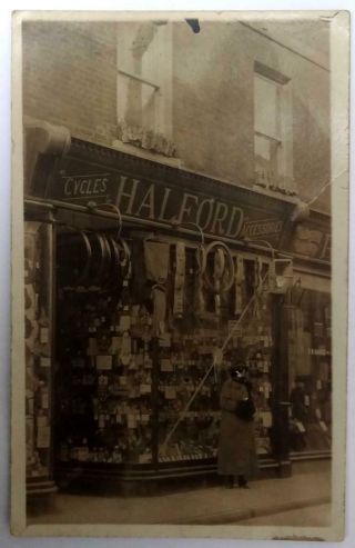 Shop Front Postcard Real Photo - Halford Cycle Co Dorchester