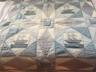 Vintage Handmade Patchwork Quilt Faded Blue Sailboats For Wall Or Table
