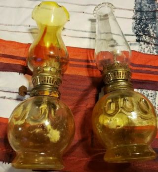 2 Vintage Amber Oil Lamps Kerosene Light - Clear And Amber/red Tops - Hong Kong