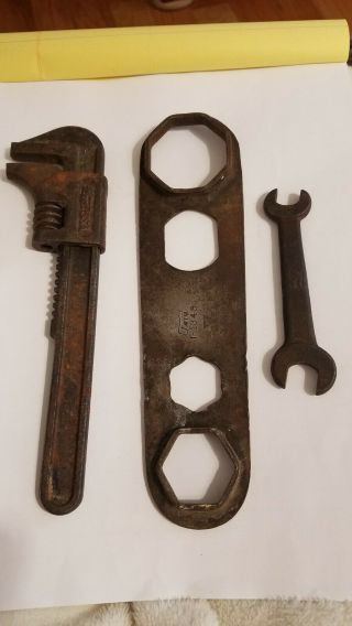 3 Vintage Ford Script Wrenches Hub Wrench,  Monkey Wrench,  Opened End 1/2 × 5/8