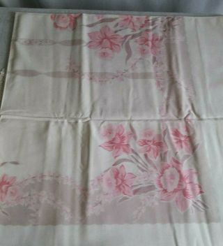 Vintage White Table Cloth Pink Daffodils 102 " X 64 " Cotton Linen