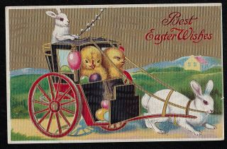 Vintage Antique Postcard Best Easter Wishes 1910 Bunnies - Chicks - Wagon