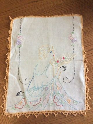 Old Vintage Vanity,  Dresser Linen Doily Embroidered Art Deco 20’s Lady W/fan