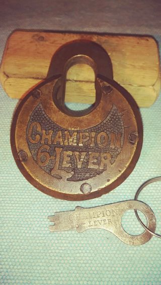antique/vintage miller champion 6 lever push key pancake padlock long shackle 2