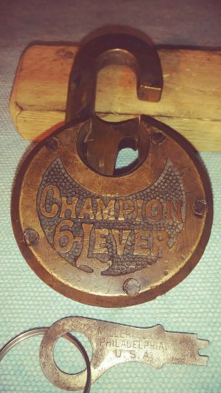 antique/vintage miller champion 6 lever push key pancake padlock long shackle 4