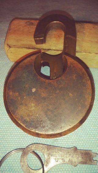 antique/vintage miller champion 6 lever push key pancake padlock long shackle 5