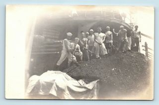 Handsome 1st Division Sailors Shovel Coal On Deck - Wwi Era Navy Vtg Photo Rppc