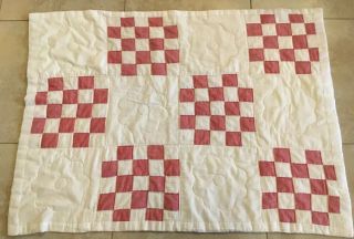 Patchwork Crib Quilt,  Nine Patch,  Off White,  Faded Red,  Solids,  Hand Quilted