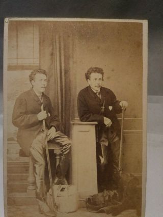 2 Antique Cabinet Photos Of 2 Fishermen And Their Dog
