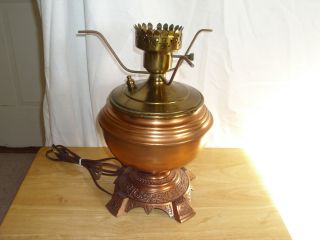 Unusual Vintage Brass & Copper Table Lamp W/ Ornate Cast Iron Base