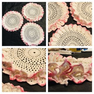 3 Vintage Matching Hand Crochet Pink & White Raised Ruffles Doilies