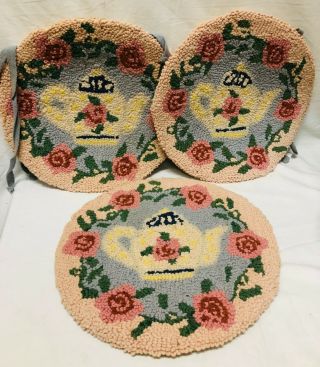 Vintage 3 Handmade Hooked Needlepoint Teapot Chair Round Seat Covers Mid - Century