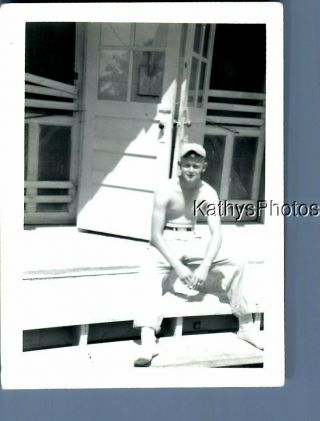 Black & White Photo F,  1692 Shirtless Man Sitting On Stairs