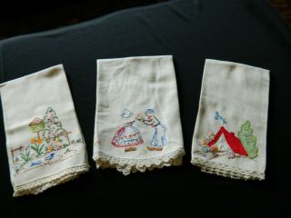 3 Vintage Hand - Embroidered,  Appliqued And Crocheted Hand Towels