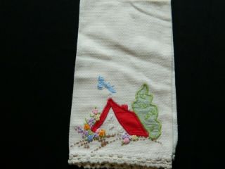 3 VINTAGE HAND - EMBROIDERED,  APPLIQUED AND CROCHETED HAND TOWELS 2