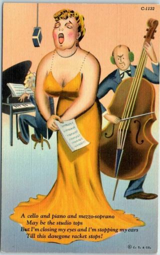 Vintage 1940s Curteich Linen " Radio Comics " Postcard Soprano Singer Cello C - 1132