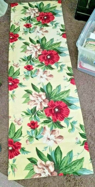 Vintage Barkcloth Curtain Panel Large Red Flowers Yellow Background