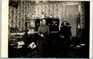 Vintage Rppc Real Photo Postcard 2 Girls / Sisters Parlor / Piano C1910s
