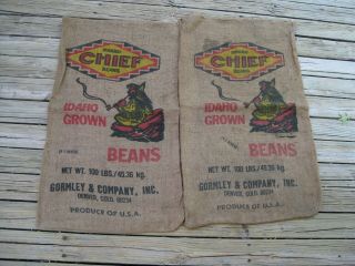 Rare Vintage Burlap Feed Sack,  Chief Idaho Grown Beans Sack