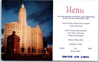 United Air Lines In - Flight Menu Postcard Chicago Wrigley Building Night C1950s