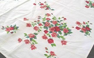 Vtg Wilendur Cotton Print Tablecloth Red Pink Tea Rose Clusters 34 X 35