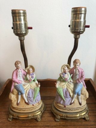 Pair Vintage Bisque Figural Vanity Dresser Boudoir Lamps Man Woman Couple Figure