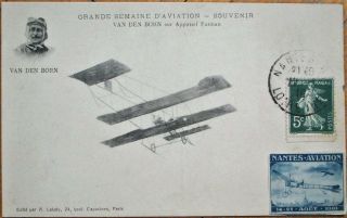 French Aviation 1910 Postcard: Van Den Born & Airplane W/nantes Air Poster Stamp