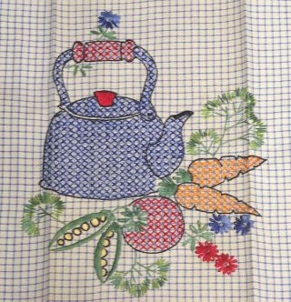Vintage Kitchen Tea Towel Needlework Teakettle And Vegetables Blue Red Orange