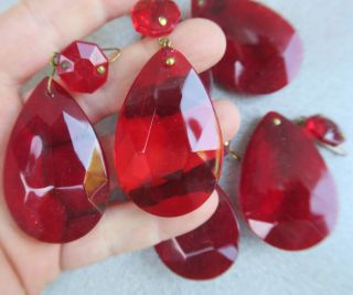 6 Vintage Ruby Red German Glass Crystal Prism Lamp Chandelier Part Brass Pins