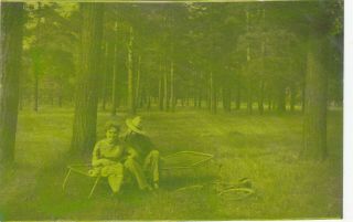1962 Couple On Camp - Cot In Forest Man Woman Old Hand Tinted Russian Soviet Photo