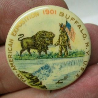 1901 Pan - American Exposition Buffalo With Buffalo & Indian 1.  25 " Pinback Nr