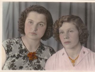 1950s Young Women Girls Friends Hand Tinted Old Russian Soviet Photo
