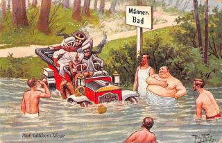Women Driving Car Into River Comic Artist Signed Thiele Antique Postcard J73746