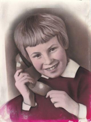 1960s Big Cute Little Girl W/ Phone Handset Old Hand Tinted Russian Soviet Photo