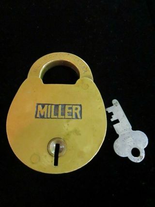 Vintage Antique Solid Brass Miller Lock Co Phila Pa Padlock 63 Key Great