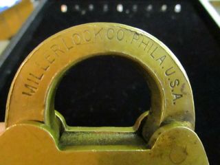 Vintage Antique Solid Brass Miller Lock Co Phila PA Padlock 63 Key Great 2