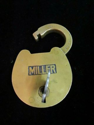 Vintage Antique Solid Brass Miller Lock Co Phila PA Padlock 63 Key Great 6