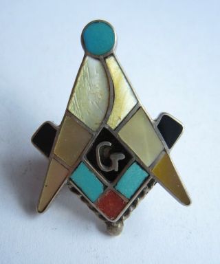 Vint Sterling Silver & Inlaid Stone Masonic G Compass Zuni Tie Tack Pin