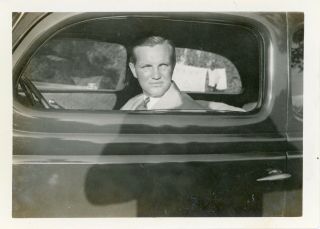Vintage B/w Photo Snapshot - Handsome Man Looking Out His Car Window