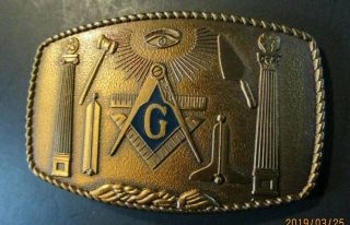 Masononic Gold Bronze Belt Buckle,  Masons Symbols On It,  The Eye,  Hammer,  Triang