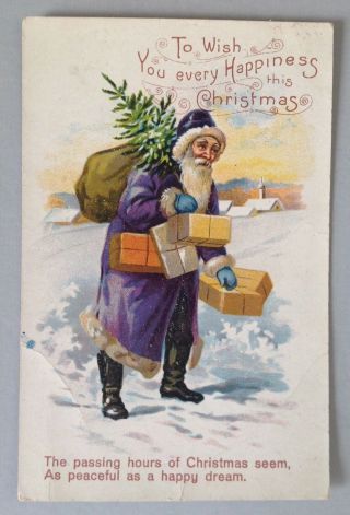 Vintage Purple Robed Santa Claus Postcard - Santa Carries A Tree,  Sack,  Packages