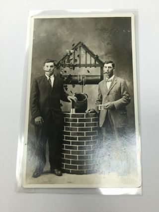 Vintage Real Photo Rppc Postcard Men Smoking Cigars Drinking By Water Well
