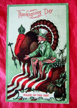 C1910 Thanksgiving Postcard - - Turkey W/sceptor Crowned King,  Uncle Sam,  Old Glory