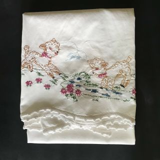Vintage White Cotton Pillowcases With Hand Embroidered Lambs