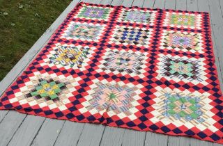 Vtg Hand Stitch/piece Cotton Quilt Top 96”x 72 " Friendship Pattern Reds